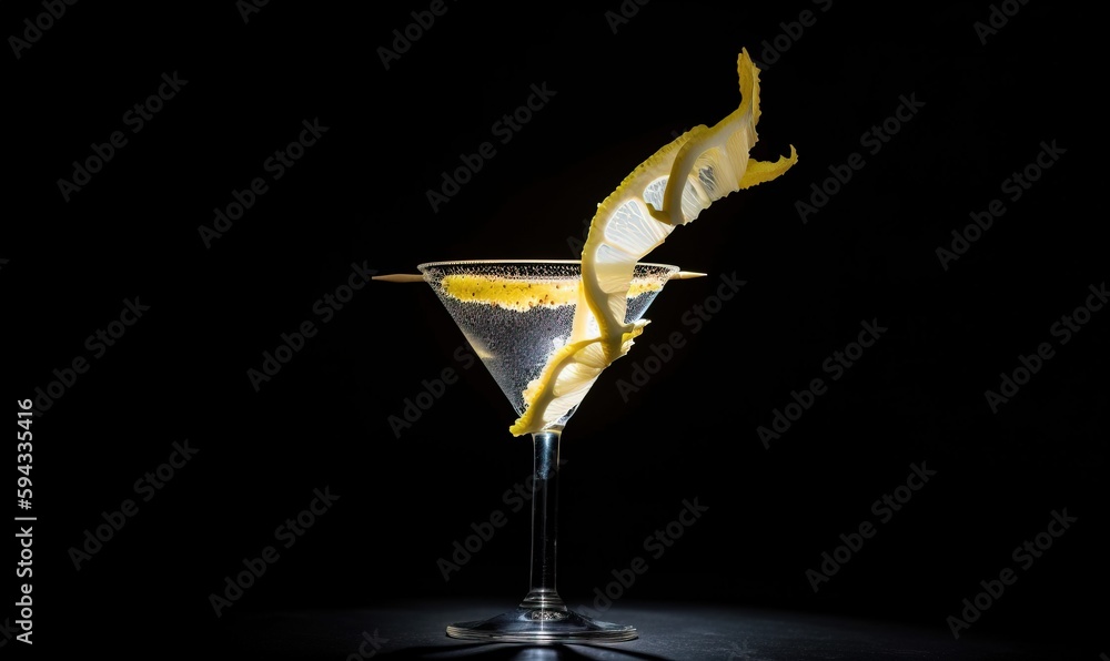  a martini glass with a lemon wedge in it on a black background with a black background and a black 