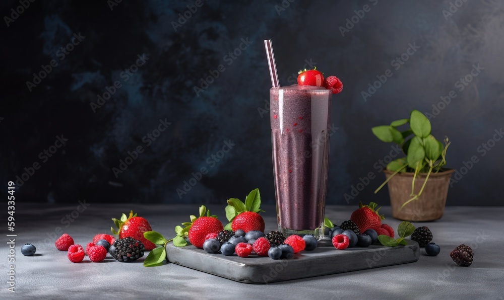  a smoothie with berries, raspberries, and mint on a tray next to a potted plant and a potted plant.