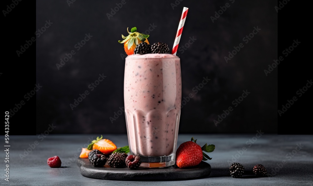  a smoothie with berries and strawberries in a glass with a straw and a striped striped straw on the