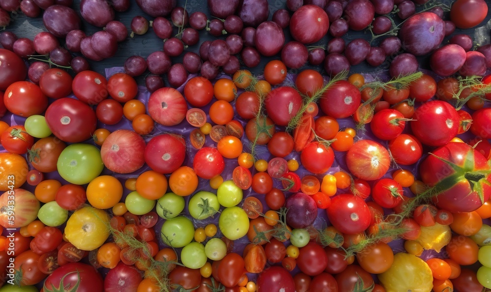  a large amount of tomatoes and other fruits and vegetables are arranged in a rainbow - colored patt