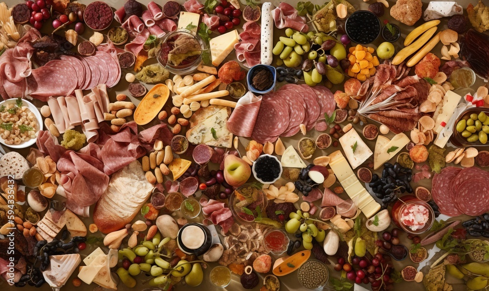  a large assortment of meats and cheeses on a platter, including grapes, cheeses, cheese sticks, and