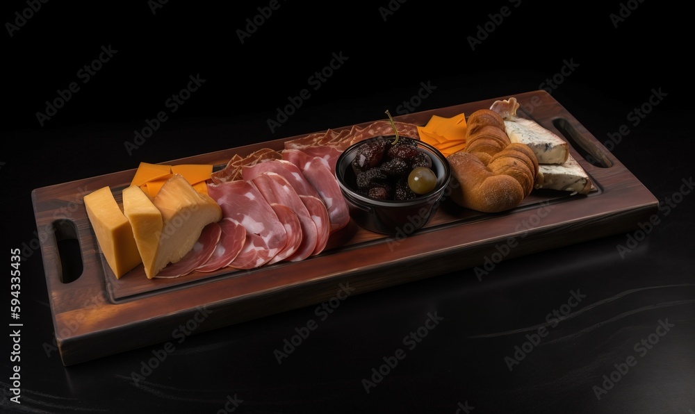  a platter of meats, cheeses, and breads on a wooden tray with a black background in the middle of t