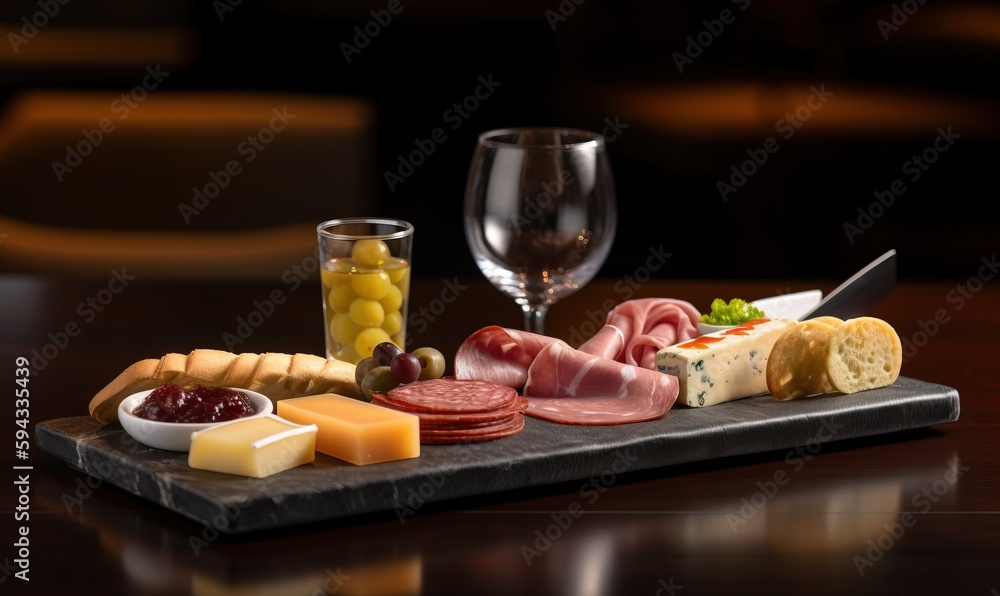  a plate of food and a glass of wine on a table with a glass of wine and a wine glass on the side of