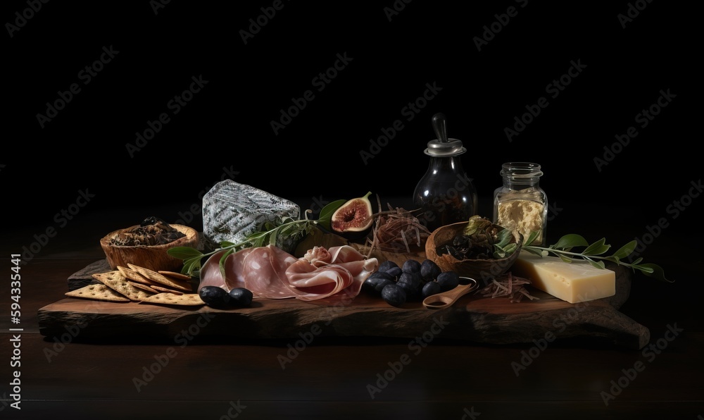  a table topped with different types of food on top of a wooden table top next to a bottle of wine a