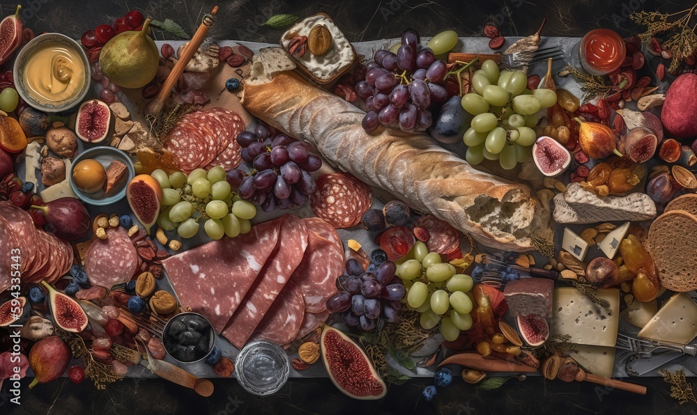  a painting of a variety of food on a table with grapes, meats, cheeses, and breads on it, and bread