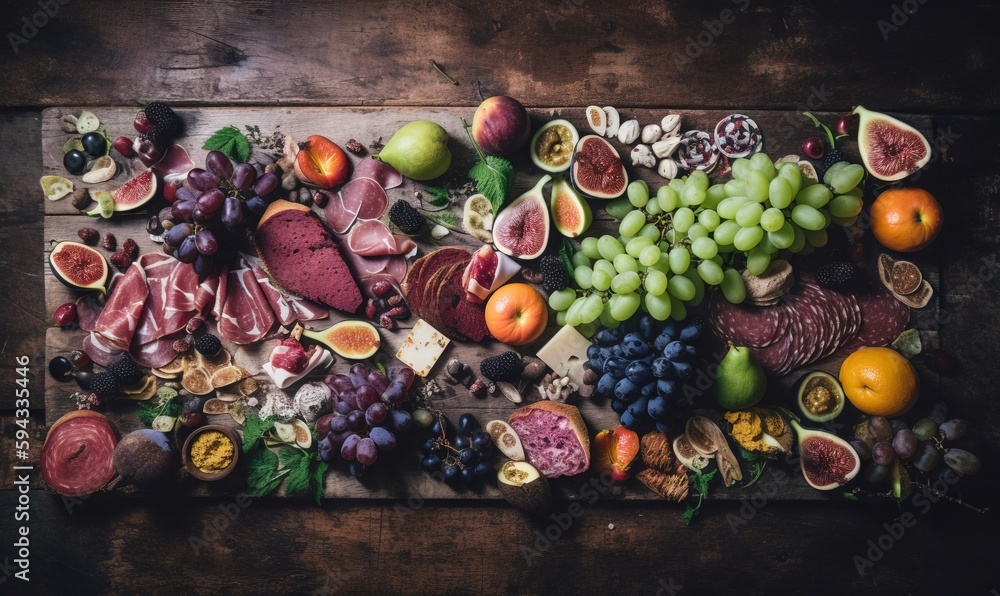  a wooden table topped with lots of different types of fruits and meats on top of each other and on 