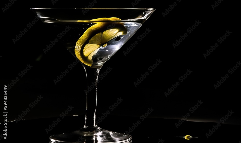  a martini glass with a lemon slice in it on a black table with a black background and a black backg