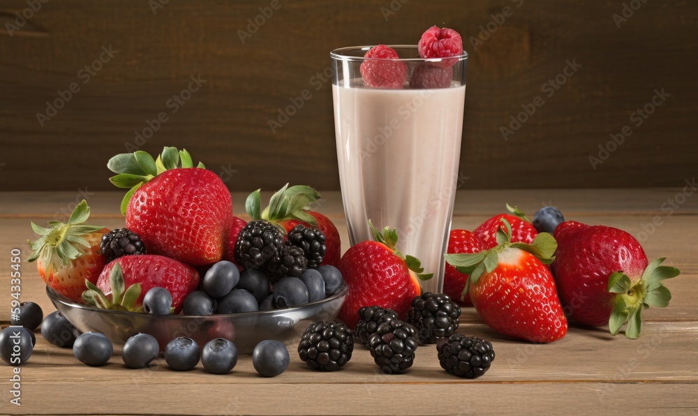  a bowl of berries and a glass of milk on a table with strawberries and blueberries on the side of t