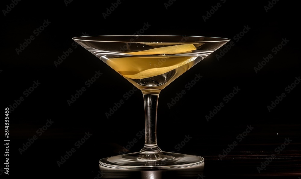  a martini glass filled with a drink on a black table with a reflection of the drink in the glass an