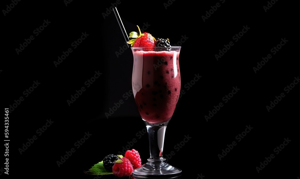  a smoothie with berries and a straw in a glass on a black background with a straw in the glass and 