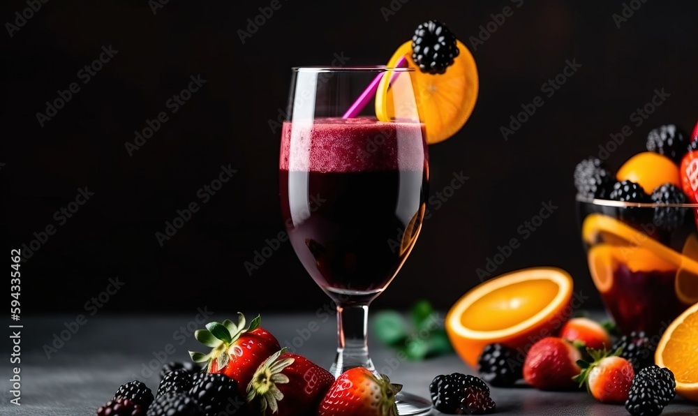  a glass of fruit juice next to a bowl of oranges and strawberries on a dark surface with a black ba