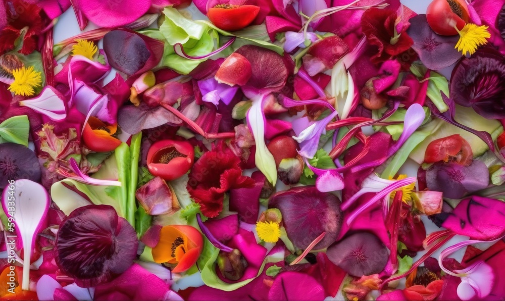  a bunch of flowers that are laying on the ground together in a pile of flowers that are laying on t