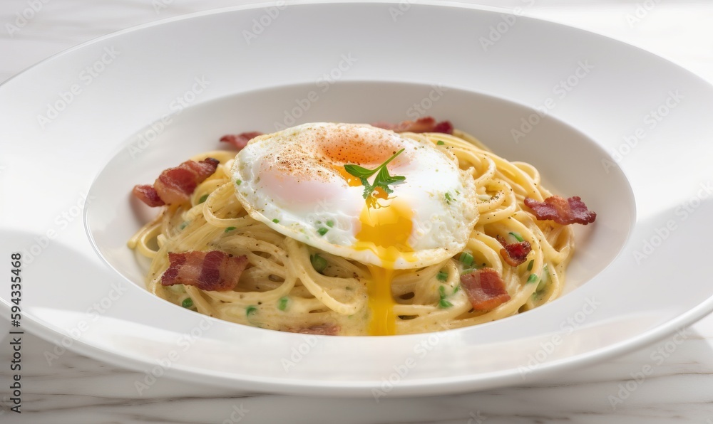  a plate of spaghetti with bacon and an egg on top of it with a fork in the middle of the plate, on 