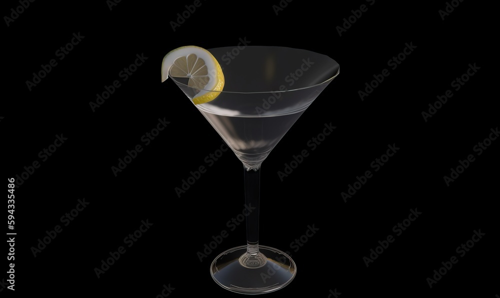  a martini glass with a lemon slice on the rim and a black background with a reflection of the glass