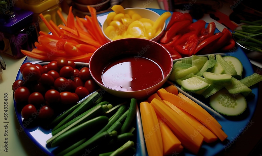  a platter of vegetables and dip on a table with a bowl of dip in the middle of the plate and a bowl