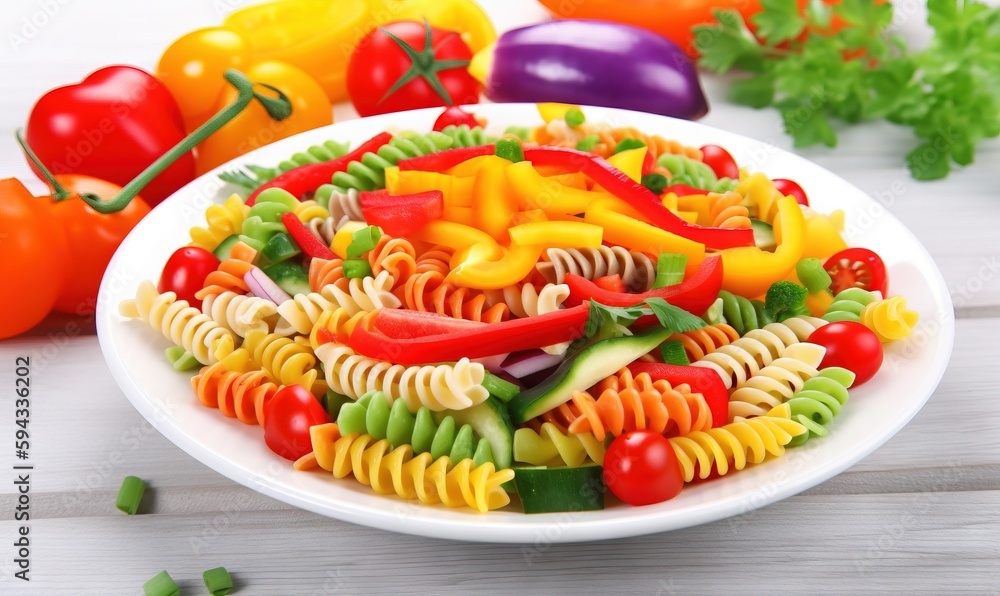  a white plate filled with pasta and vegetables next to a pile of peppers and peppers on a white tab