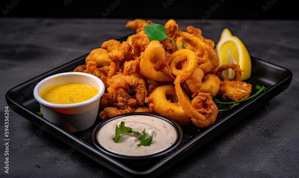  a plate of fried food with dipping sauce on it and a lemon wedge on the side of the plate with a sm