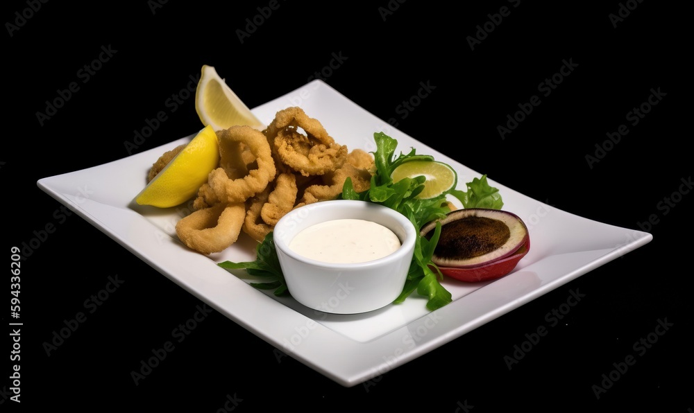  a white plate topped with a pile of fried food next to a cup of sauce and a banana on top of a plat