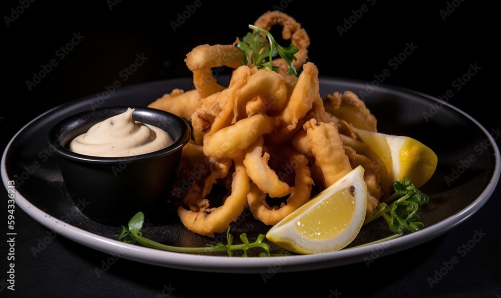  a plate of food with a lemon wedge and a dipping sauce on top of the food on the plate is on a blac