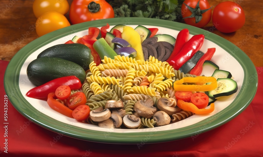  a plate of pasta and vegetables on a red table cloth with tomatoes, peppers, zucchini, and broccoli