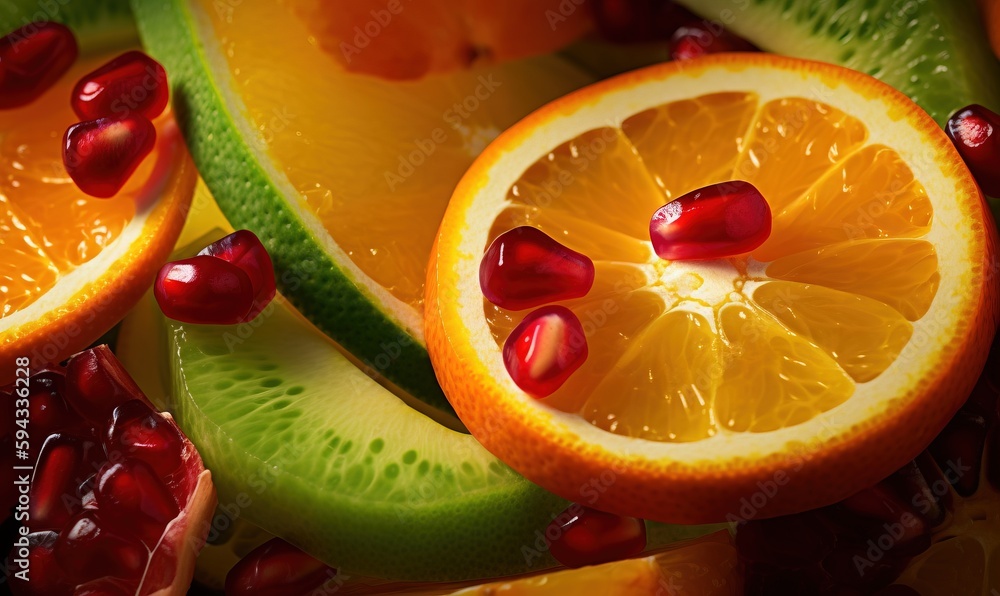  a close up of sliced fruit with pomegranates and oranges on the side of the cut up oranges and lime