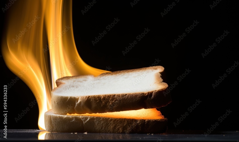  a close up of a piece of bread with fire in the background and a piece of bread on the side of the 