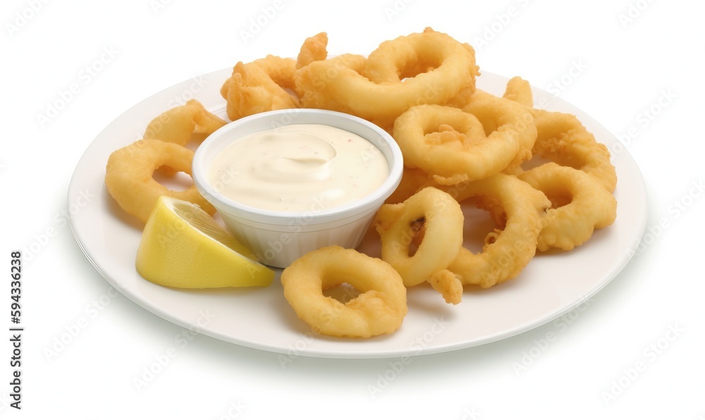  a white plate topped with onion rings and a lemon wedge next to a small bowl of ranch dip and a lem