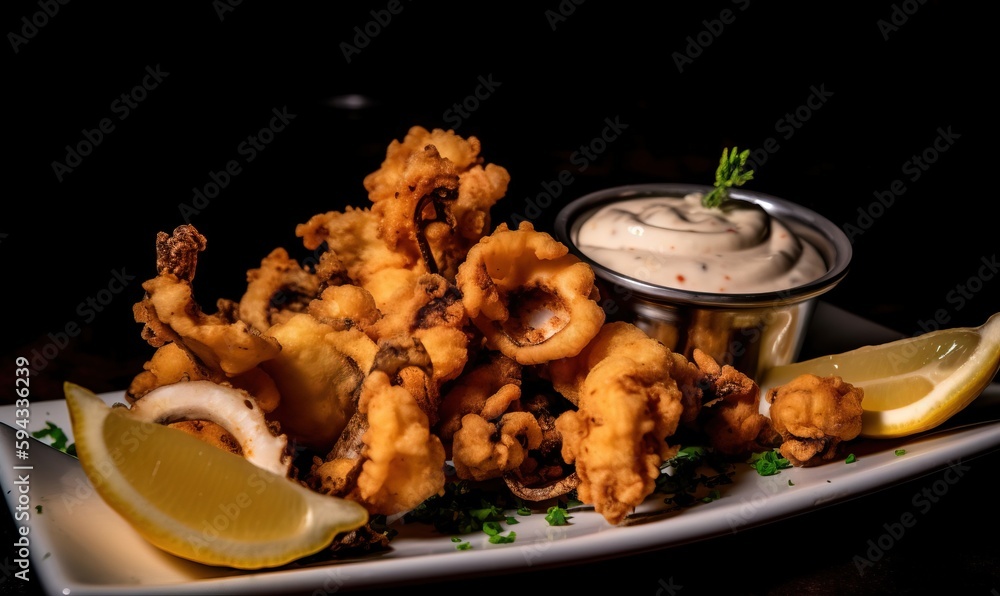  a white plate topped with fried food next to a cup of sauce and a lemon wedge on top of a plate wit