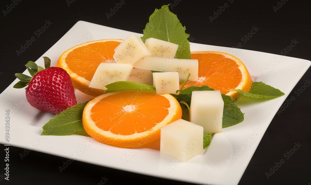  a white plate topped with sliced oranges and cheese next to a strawberries on top of a black tablec