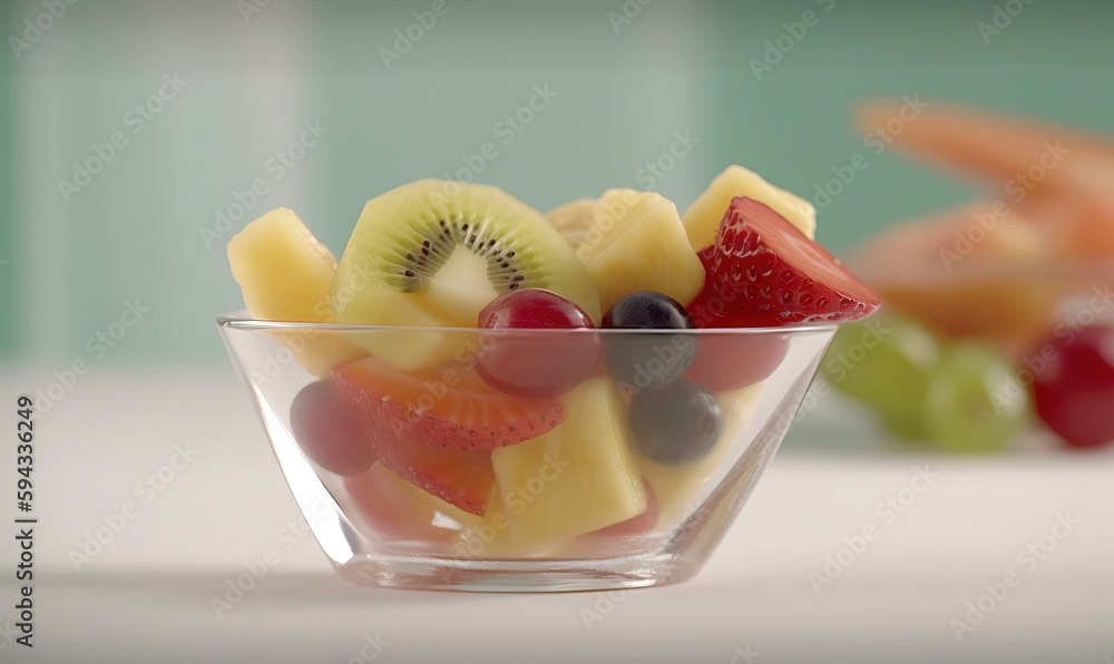  a glass bowl filled with sliced fruit on top of a table next to another bowl of fruit on the side o