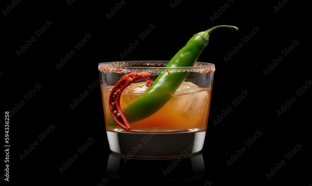  a glass with a hot drink and a green chili on the rim of it, on a black background, with a reflecti