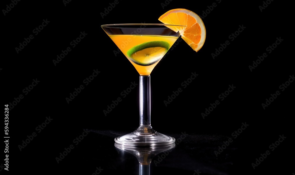  a martini glass with an orange slice and a lime slice on the rim of the glass, on a black backgroun