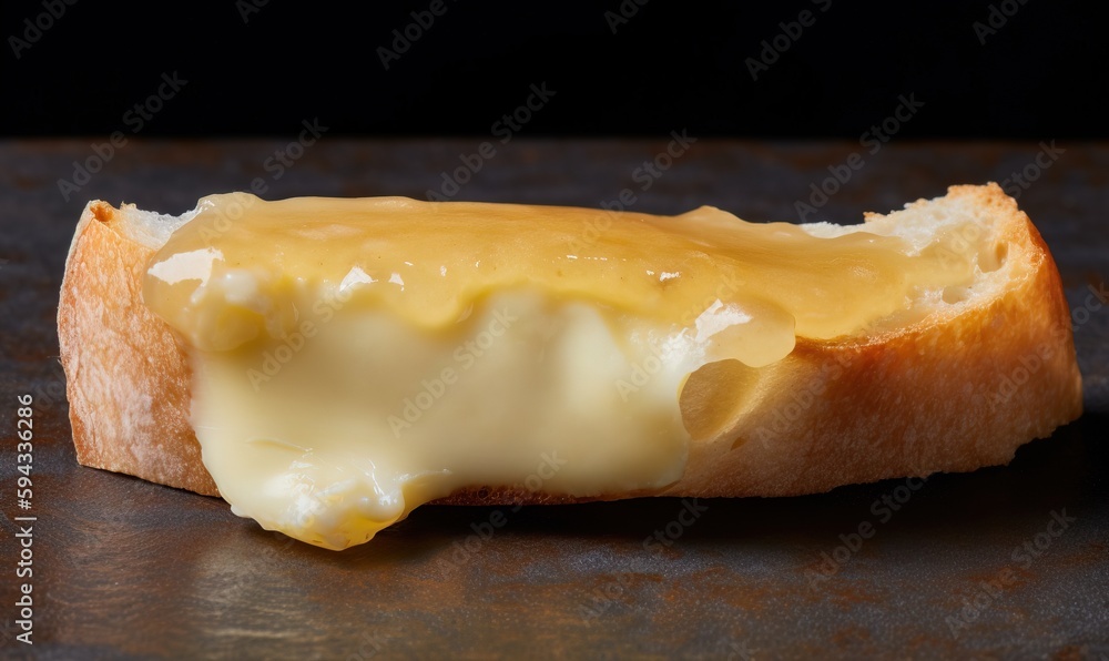  a piece of bread with cheese on it on a table with a black surface and a black background with a bl