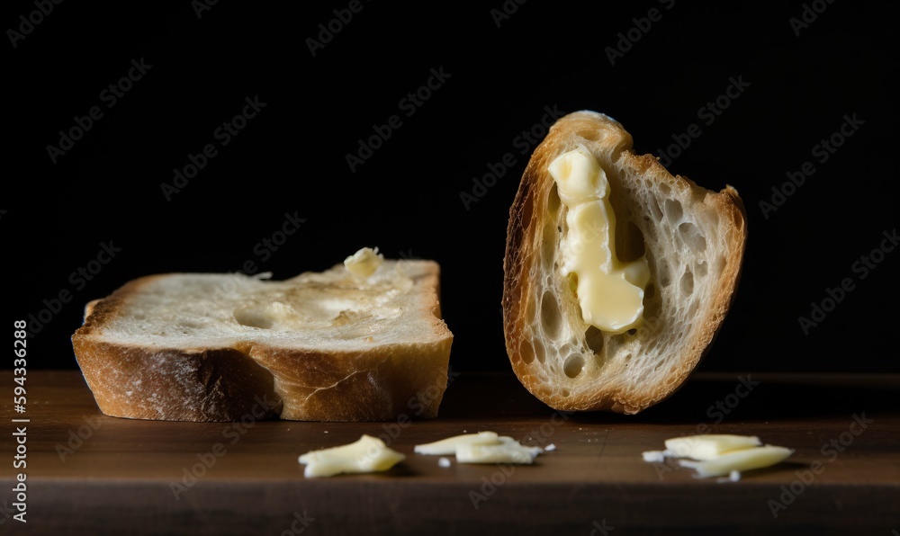  a piece of bread with butter on it and a piece of bread with butter on it on a wooden table with a 