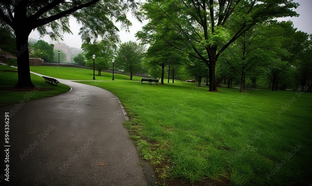  a path in a park with a bench on the other side of the path and trees on the other side of the path