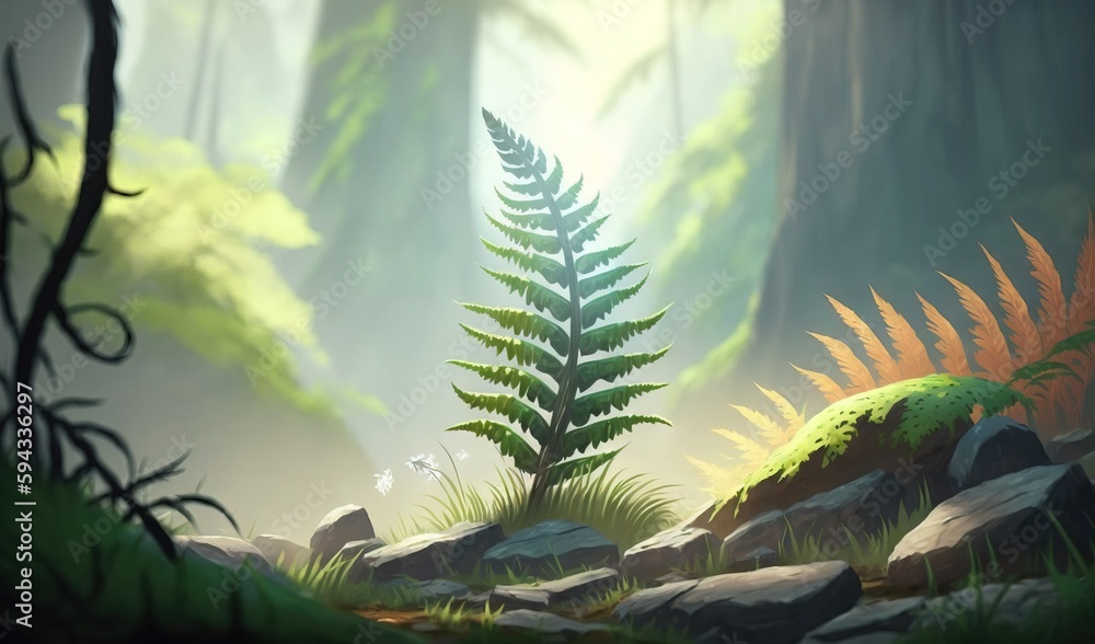  a digital painting of a fern in a forest with rocks and grass in the foreground, and sunlight strea