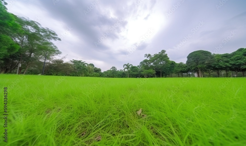  a grassy field with trees in the background and a cloudy sky above it in the foreground of the pict