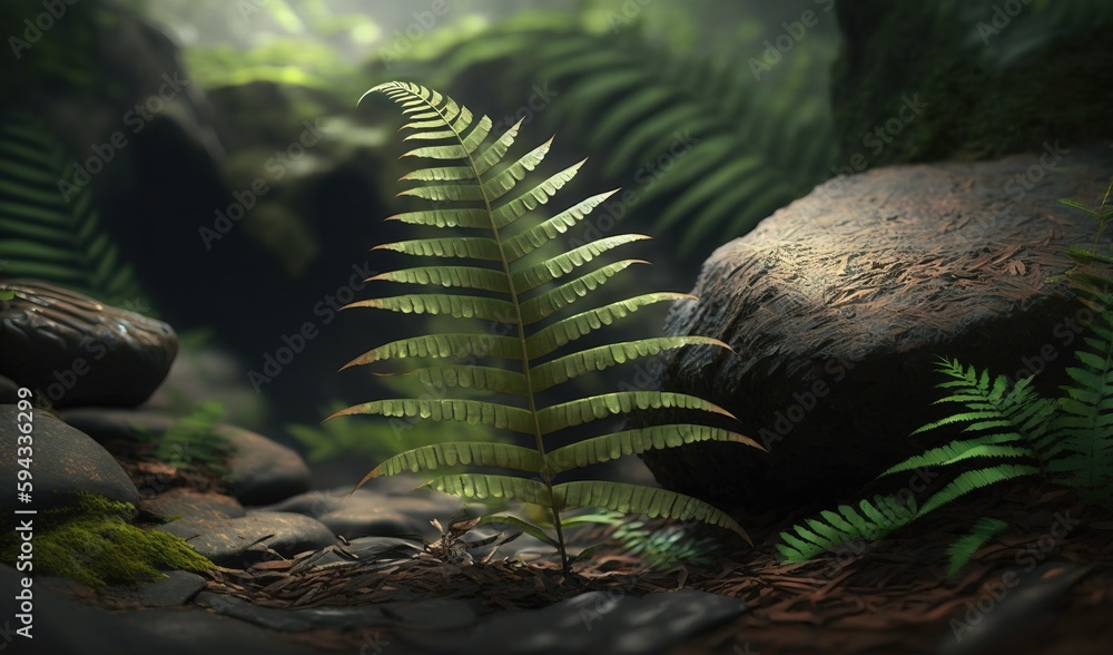  a fern is growing on a rock in a forest area with rocks and grass in the foreground, and a dark bac