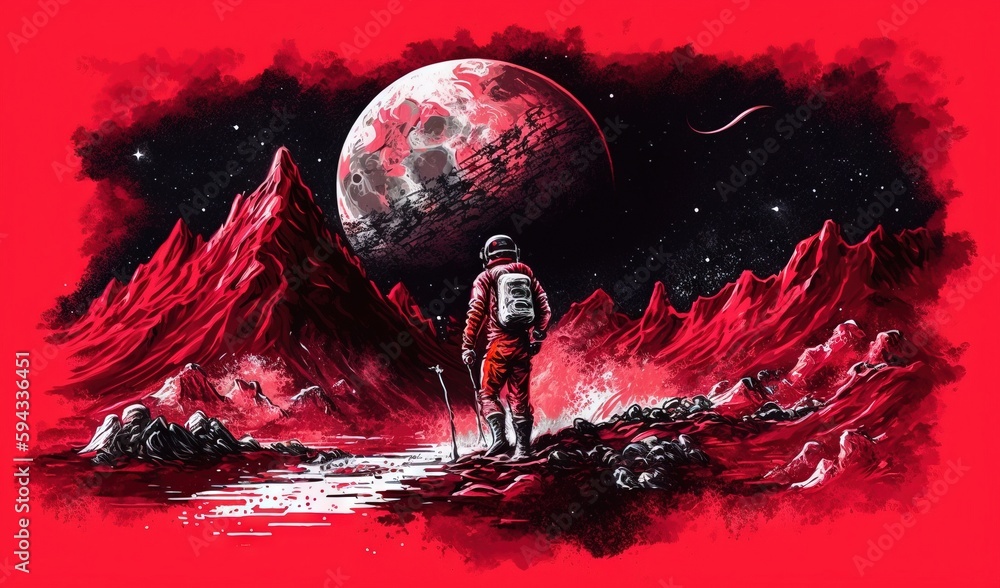  an astronaut standing on a rocky surface in front of a red planet with mountains and a red moon in 