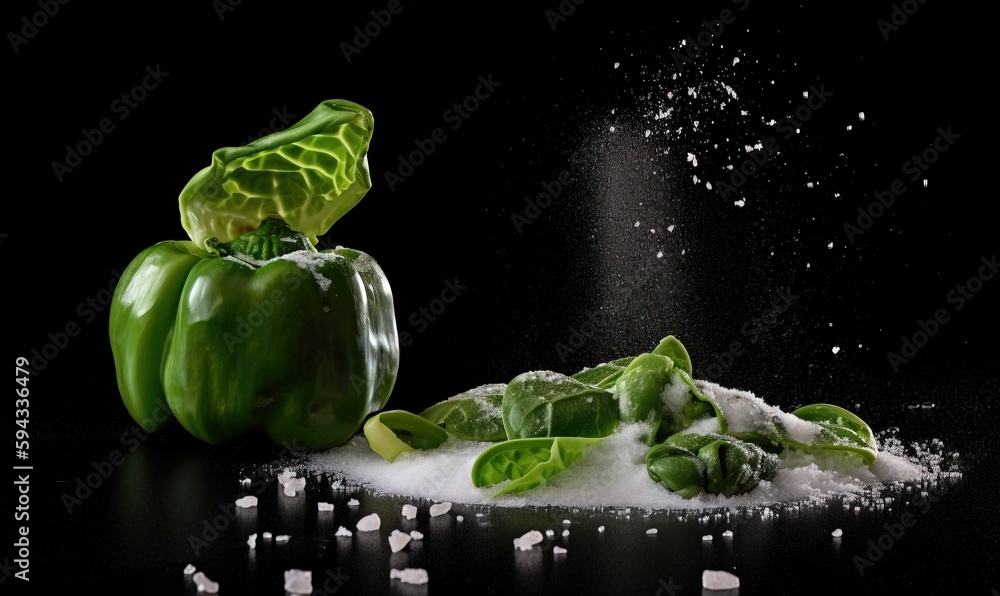  a pile of sugar next to a pile of green peppers on a black background with a splash of sugar on top