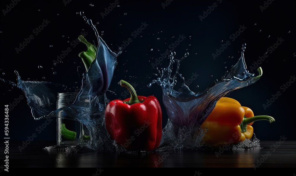  a group of peppers splashing into a can of water on a black background with a splash of water on th