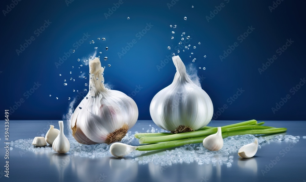  a couple of onions and garlic on a blue surface with water splashing out of them on the top of the 