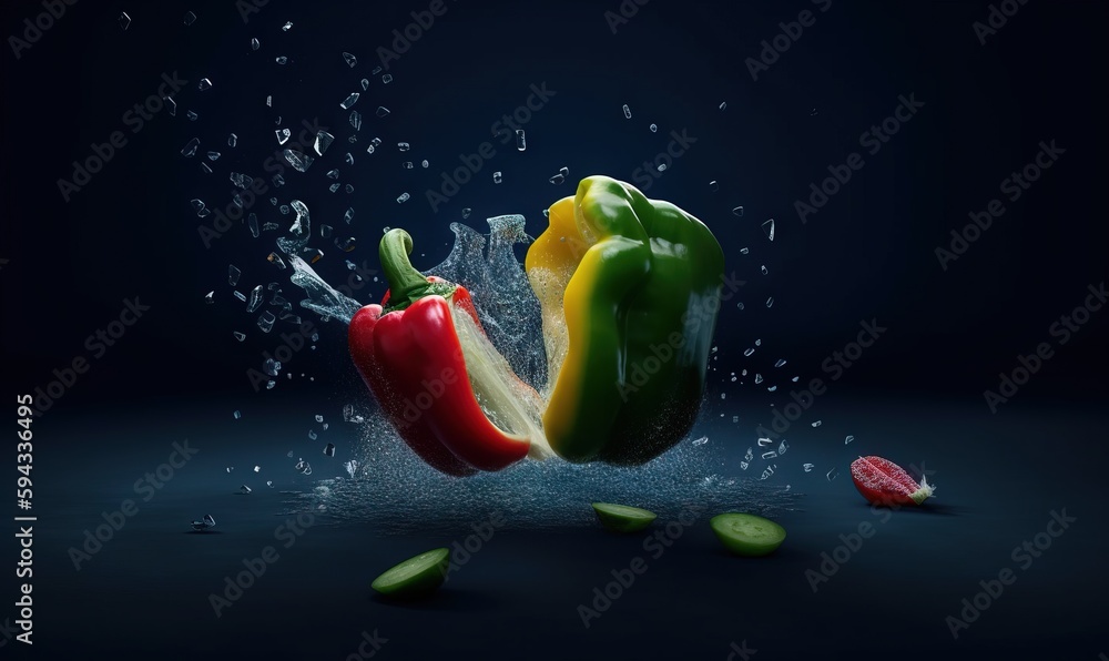  a group of three peppers splashing into a bowl of water with a slice of cucumber on the side of the