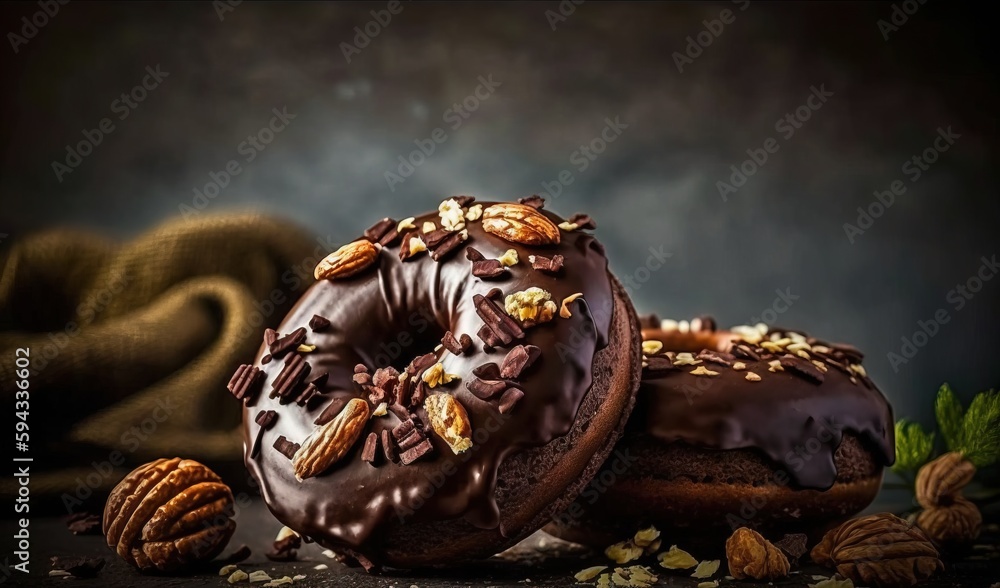  a couple of doughnuts that are sitting on a table with nuts on top of them and a cloth behind them 