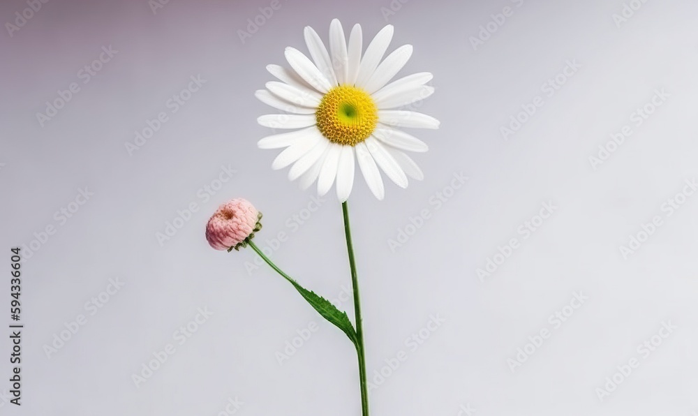  a single white flower with a yellow center in a vase with a pink flower in the middle of the vase, 