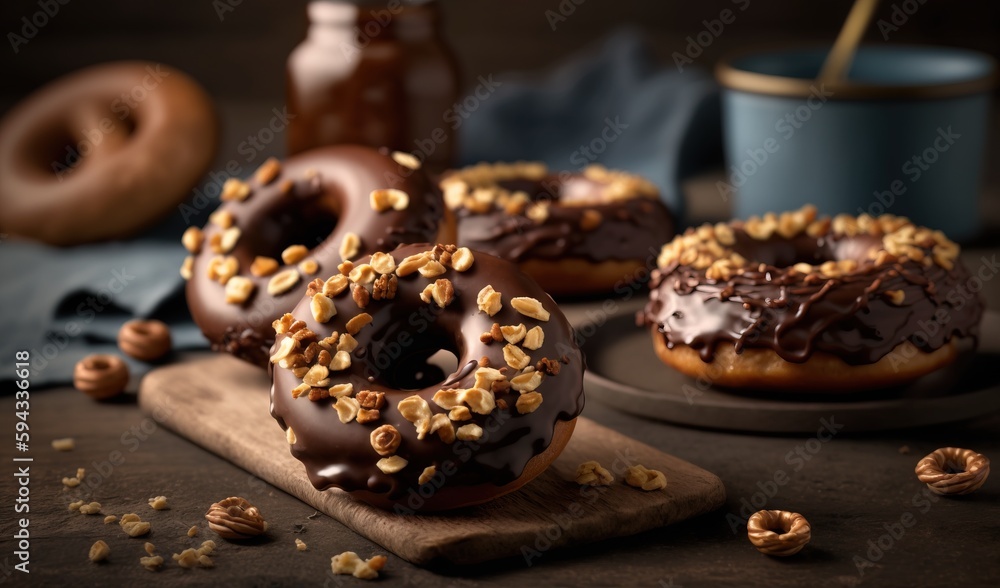  a couple of doughnuts sitting on top of a wooden cutting board next to a cup of coffee and some nut