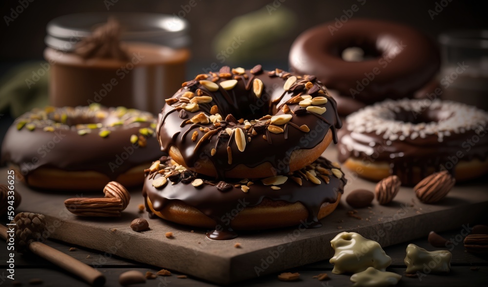  a wooden cutting board topped with chocolate covered donuts next to a cup of coffee and a jar of ch