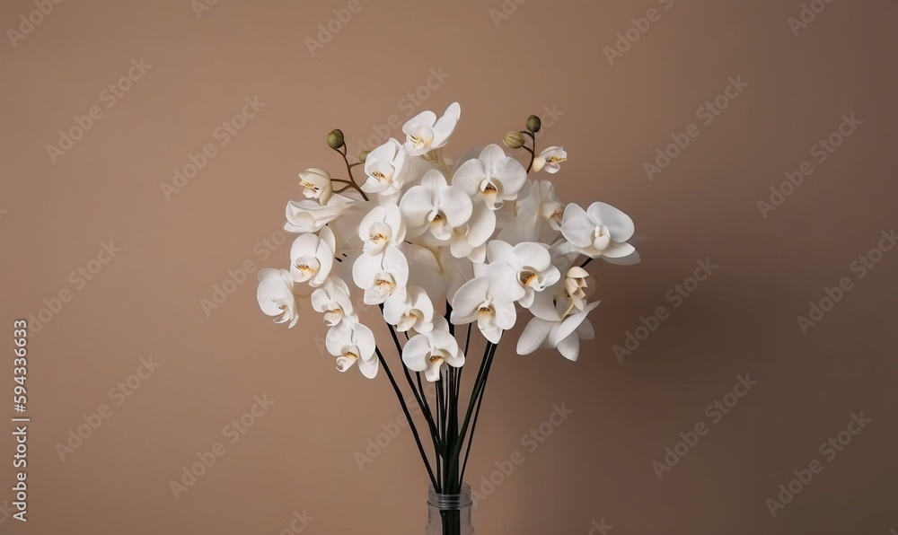  a vase filled with white flowers on top of a wooden table next to a brown wall and a brown wall in 