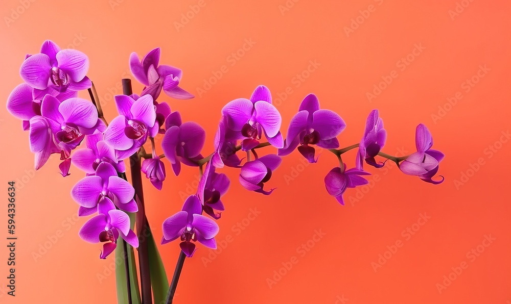  purple flowers are in a vase on a orange background with a pink wall in the back ground and a pink 