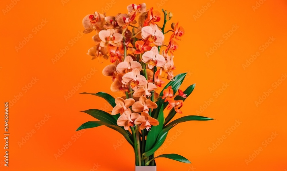  a vase filled with pink and orange flowers on an orange background with a plant in the middle of th